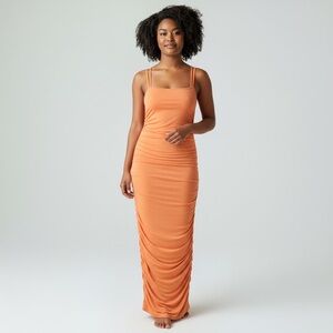Boohoo Ruched Strappy Bodycon Dress in Coral